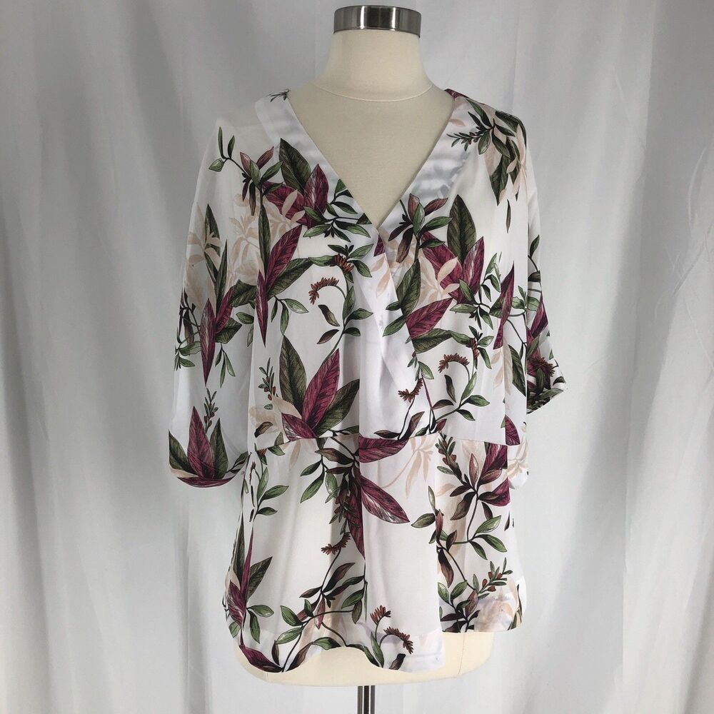 Worthington Blouse Women's Top Floral Faux Wrap Tie Belt V Neck size Large